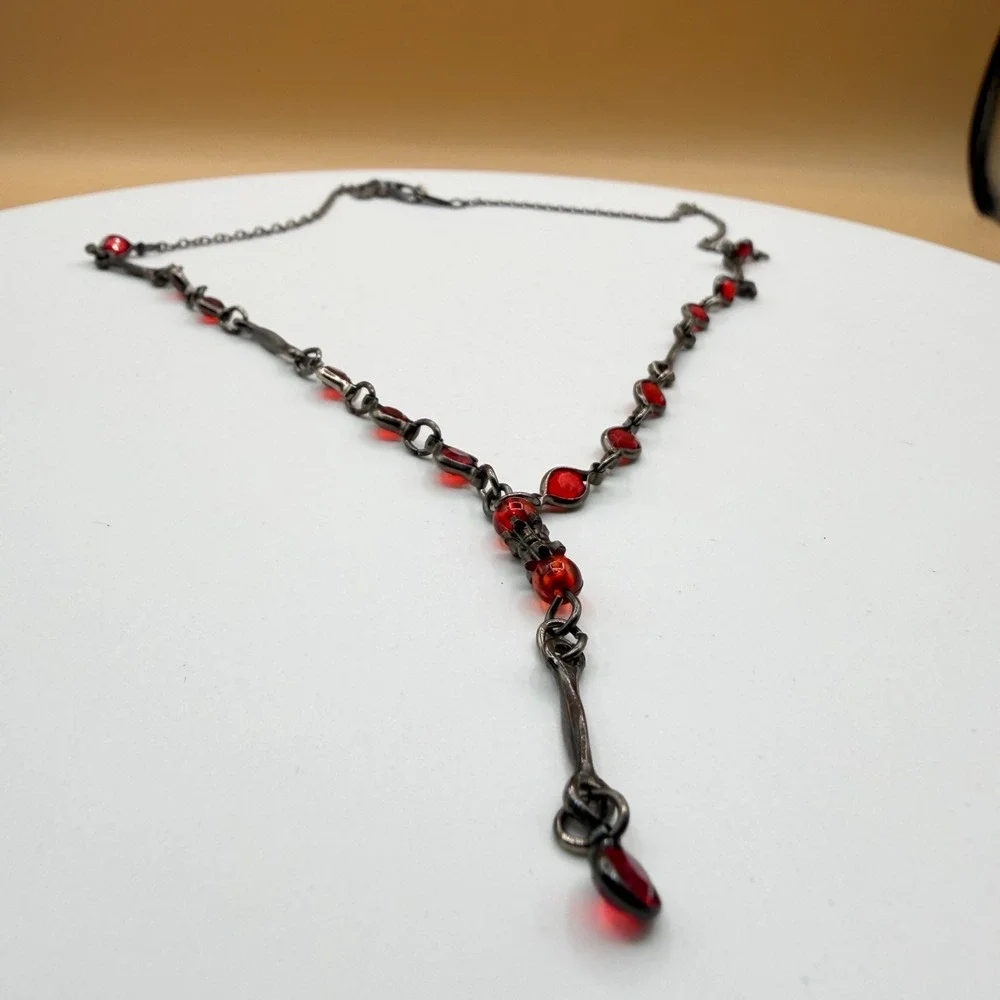 KOREN Red Crystal Y Drop Necklace Gunmetal Tone Gothic Victorian Statement Gift